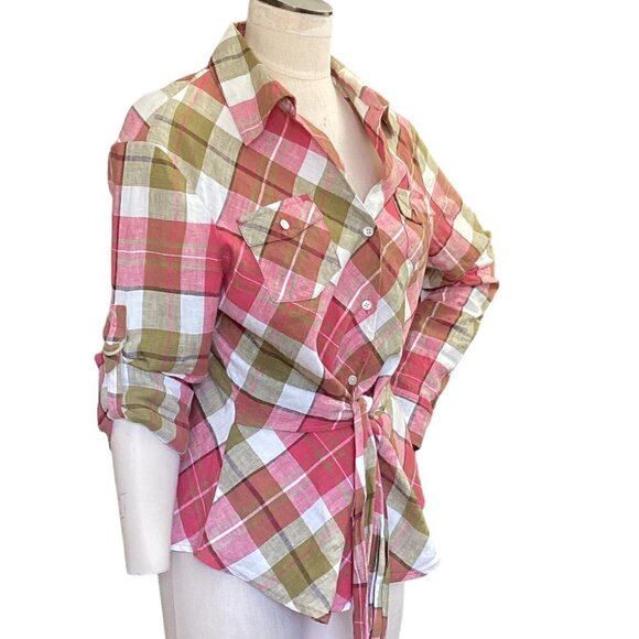 Jones New York Signature Linen Plaid Button Down Shirt Tie Waist Sz L #77M - Picture 3 of 8